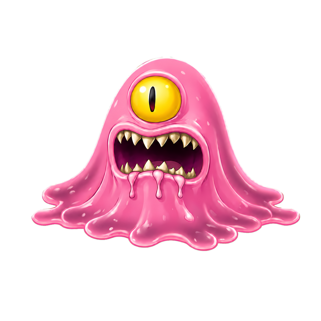 A cheerful pink one-eyed mutant with a suspicious grin